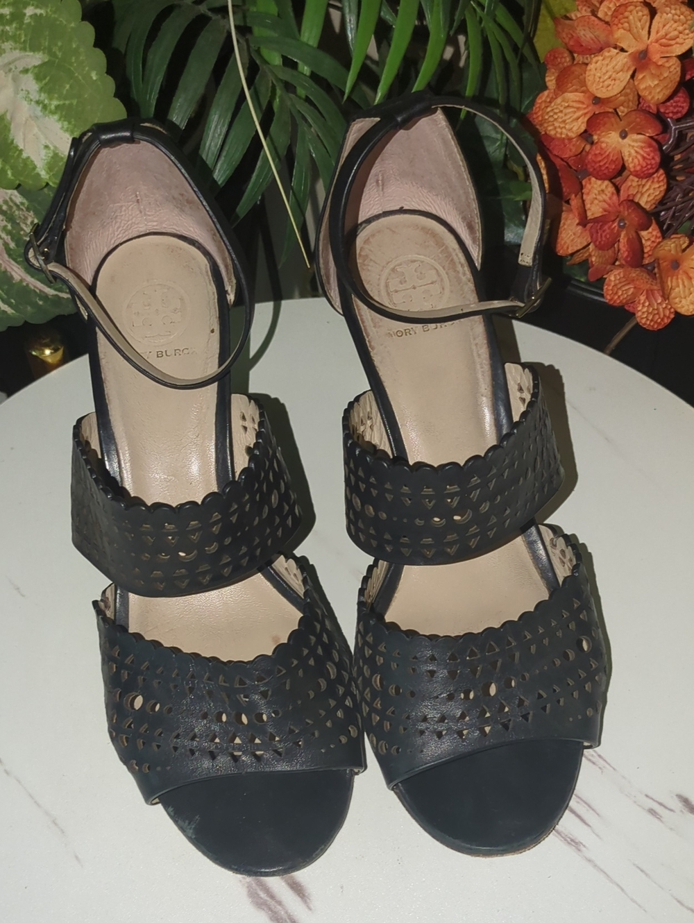 💥FINAL💥Tory Burch Black Laser-Cut Leather Ankle-Strap Heels